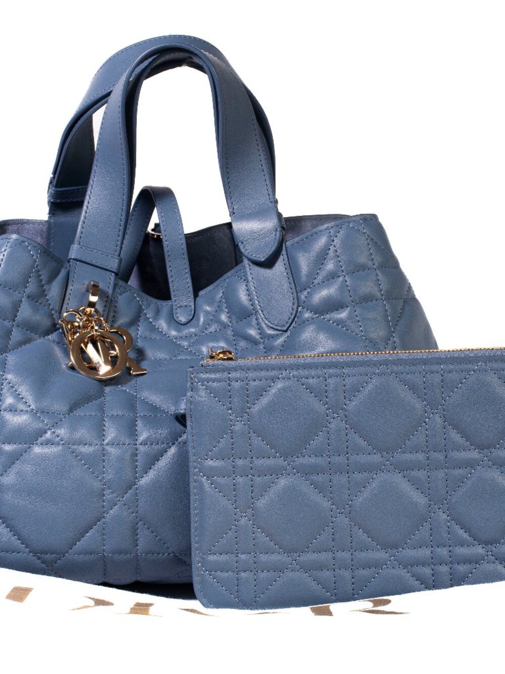 Authentic Christian Dior Blue Gray Macrocannage Calfskin Medium Toujours Bag